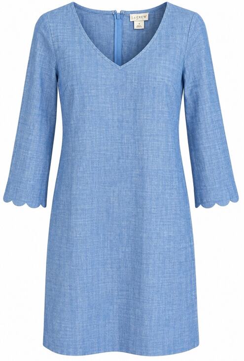 J. by J.Crew Dresses & Skirts - J. by J.Crew Chambray Shift Dress Size 4 Blue Scallop Sleeve Cotton V Neck